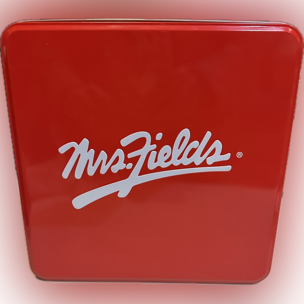 MRS FIELDS COLLECTIBLE COOKIE TIN STORAGE CONTAINER RED WHITE BAKE GIFT STORE 9”